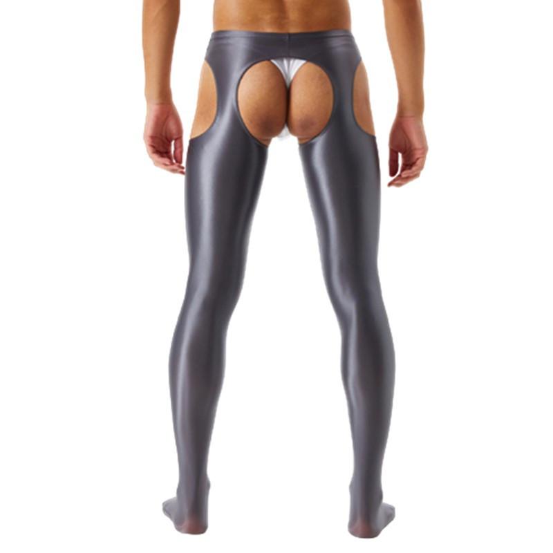 Mens Cutout Crotchless Pantyhose Glossy Mid Waist Tights Leggings