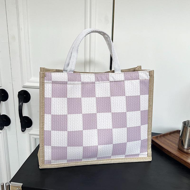 Льняная клетчатая сумка, большая вместительная клетчатая сумка для покупок, простая модная женская сумка через плечо