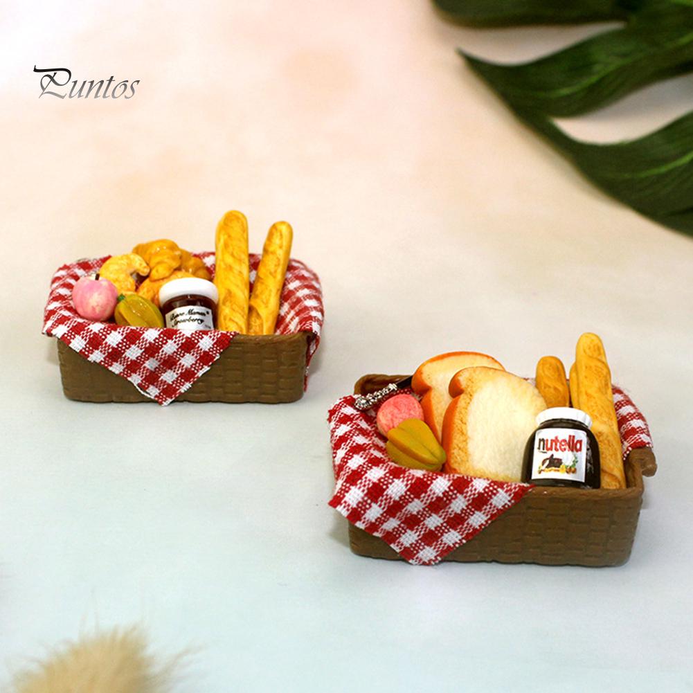 Puntos 1/12 Miniature Doll House Toast Fruit Kitchen Accessories with Basket Model Toy
