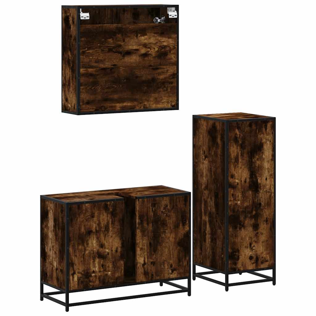 3 Piece Bathroom Furniture Set Smoked Oak Wood Based Material