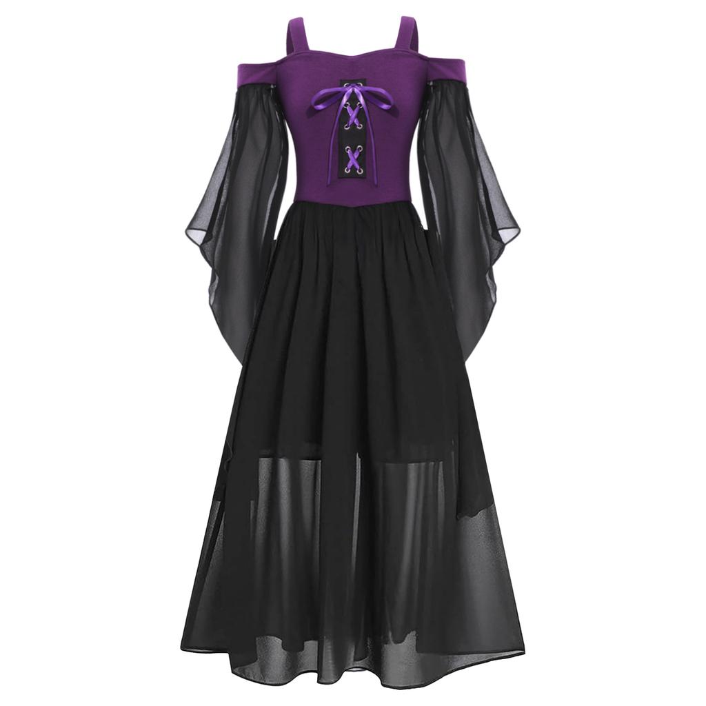 Girls Halloween Medieval Renaissance Gothic Dress Cold Shoulder Butterfly Sleeve Lace Up Witch Dress Cosplay Dress
