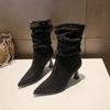 Fashion Women Ankle Boots Pleated Pointed Toe Suede Sexy High Heels Shoes Autumn Winter Luxury Elegant Woman Chelsea Pumps Botas Mujer