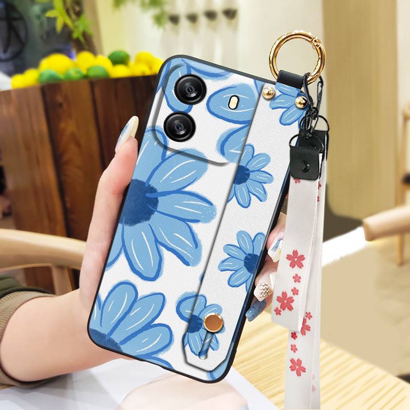 Protective Anti-dust Phone Case For Blackview Wave 6C Kickstand Ring Lanyard Soft Case Phone Holder Anti-knock Flower