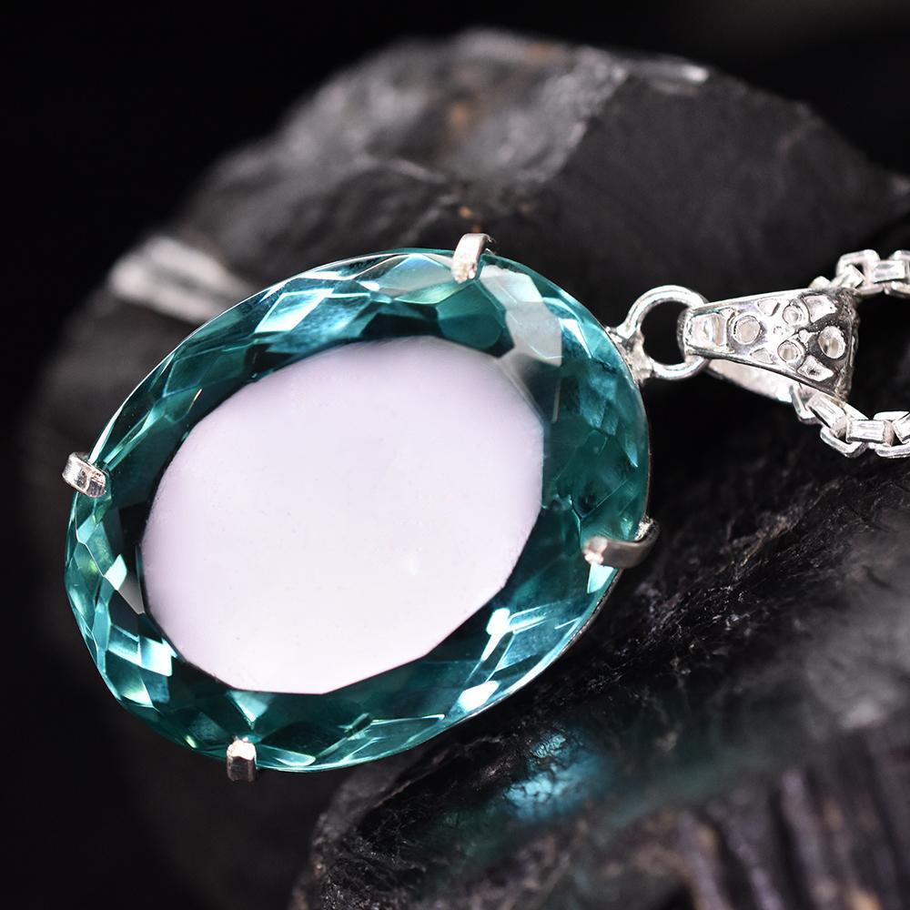 925 Sterling Silver Oval Pendant Aquamarine 137 Ct Lab Created