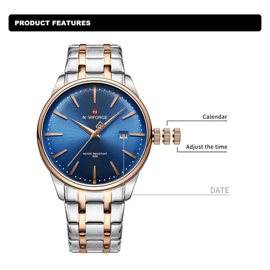 Naviforce Мужские часы из нержавеющей стали, водонепроницаемые деловые наручные часы с дисплеем даты, оригинальные кварцевые мужские часы