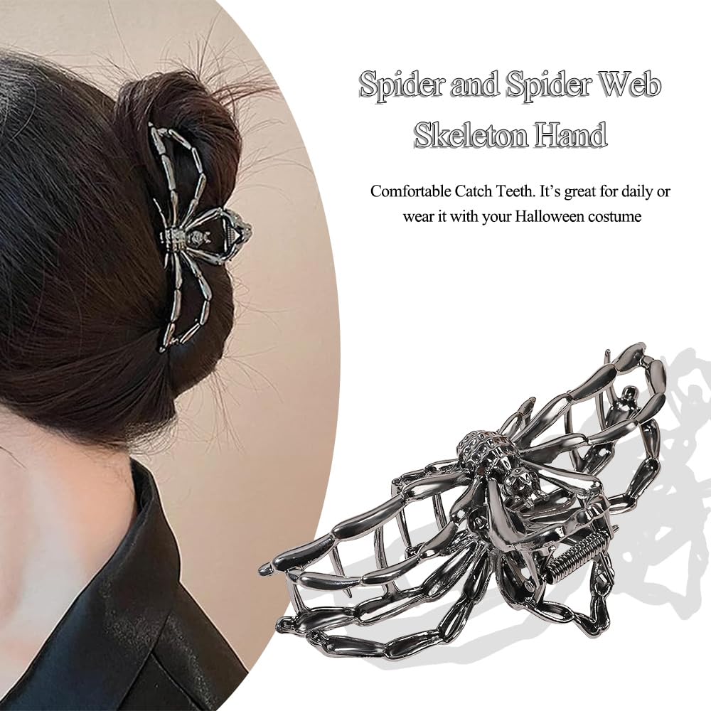 3PCS Black Spider Web Skeleton Hand Skull Hair Claw Clips for Women And Girls, Hiphop Metal Large Medium Size for Thick Thin Hair