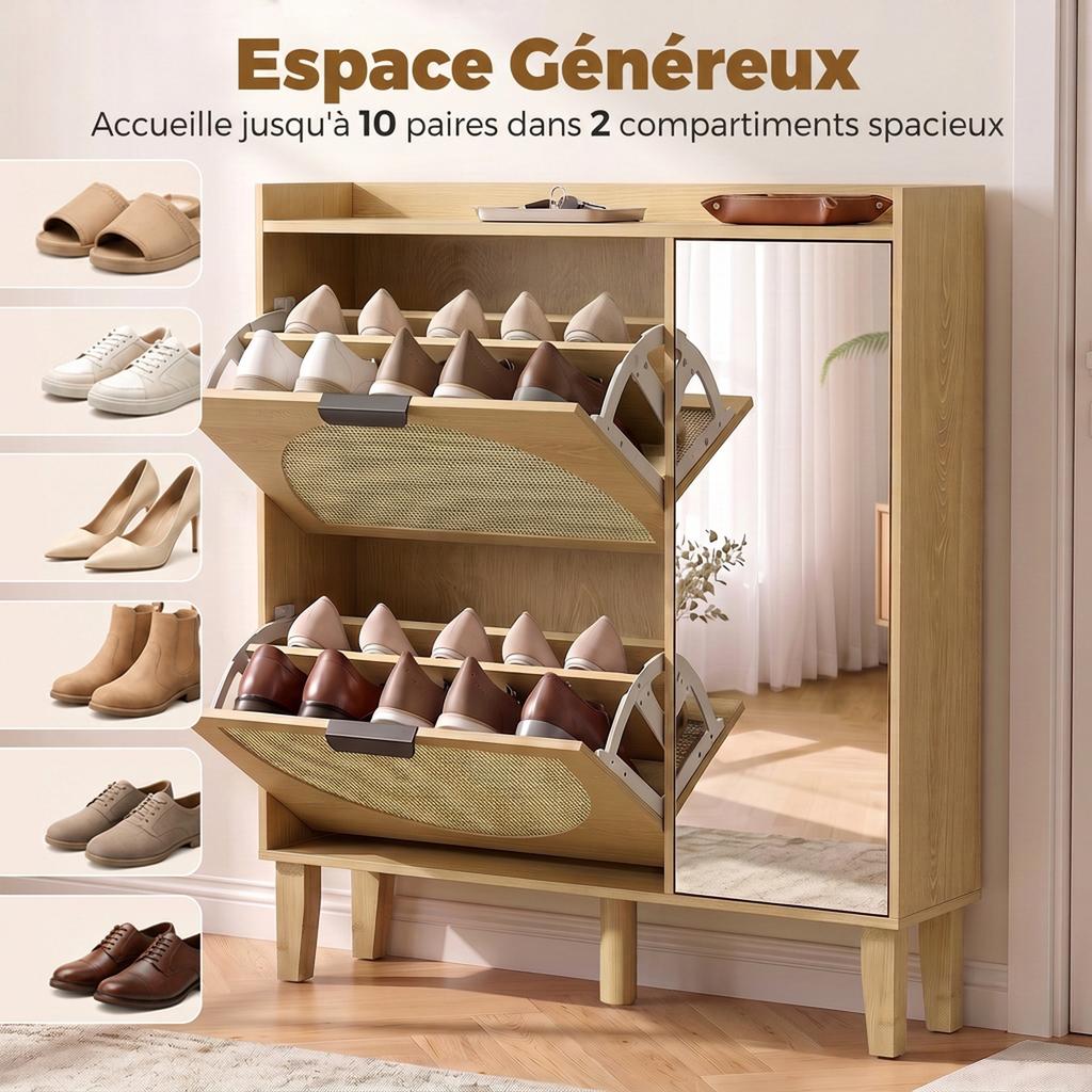Shoe Cabinet for 10 Pairs, Mirrored Door, 2 Drop-Down Drawers, Adjustable Shelves, Oak