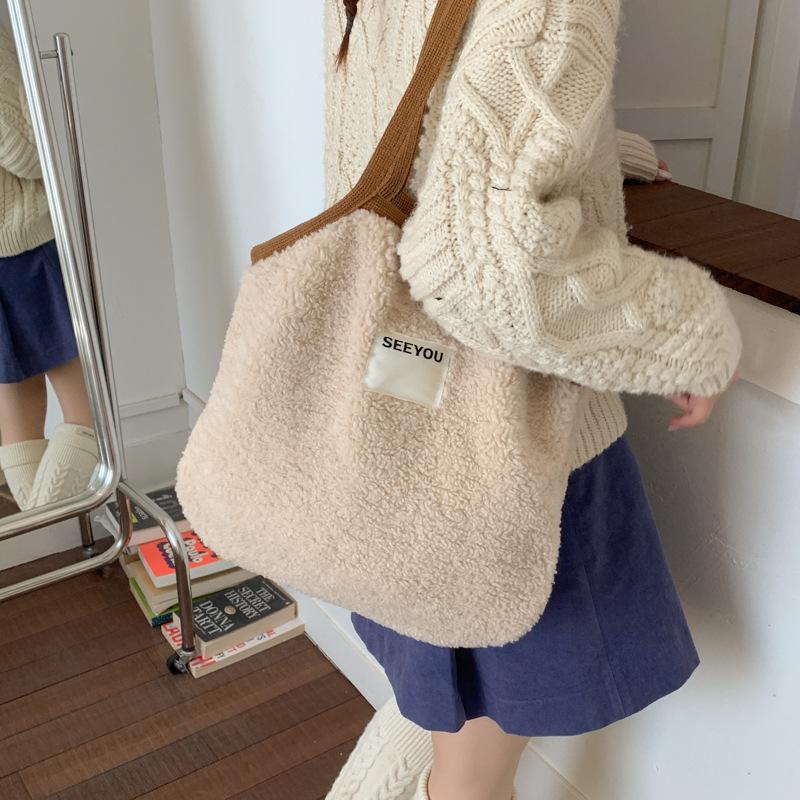 Fashion Faux Suede Women's Plush Shoulder Bags Winter Letter Female Large Crossbody Bag Double Sided Casual Tote Travel Handbags