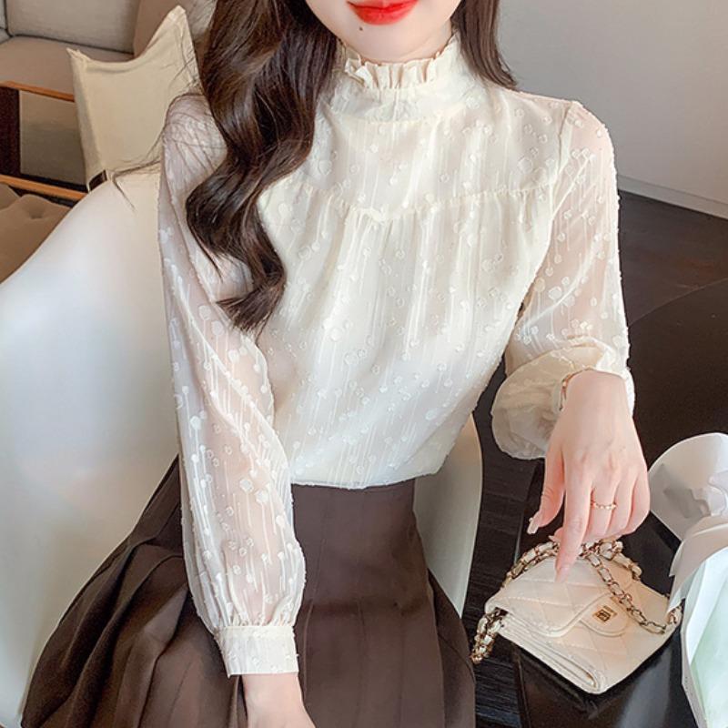 Новая модная кружевная шифоновая элегантная рубашка с длинным рукавом, женские топы, весна и осень, винтажные повседневные блузки, женская гофрированная стойка, тонкая свободная женская рубашка 26345