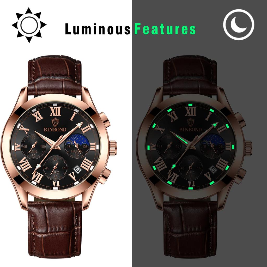 Genuine Leather Strap Calendar Roman Alphabet Luminous Analog Starry Sky Waterproof Leather Belt Simple Stylish Quartz Brown Fashion Accessories