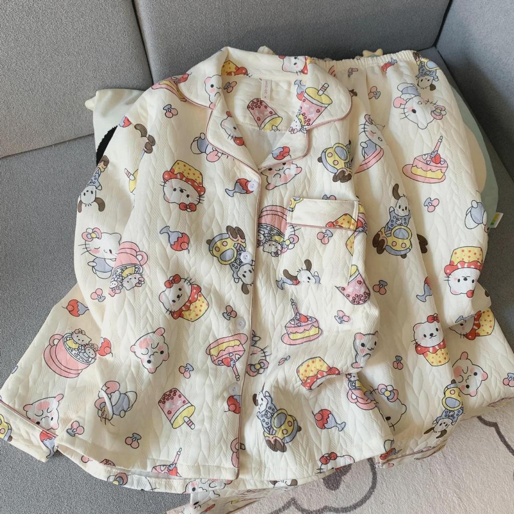 «Женский комплект пижамы TikTok осень/зима: Милый, теплый хлопковый комплект из двух частей для домашнего ношения.