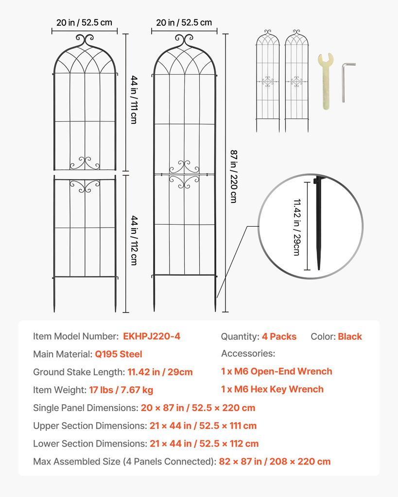 VEVOR Garden Trellis, 220 x 52.5 cm Rose Trellis, 4 Packs Garden Flower Rose Trellises with Powder-Coated Finish & Convenient Locking Design
