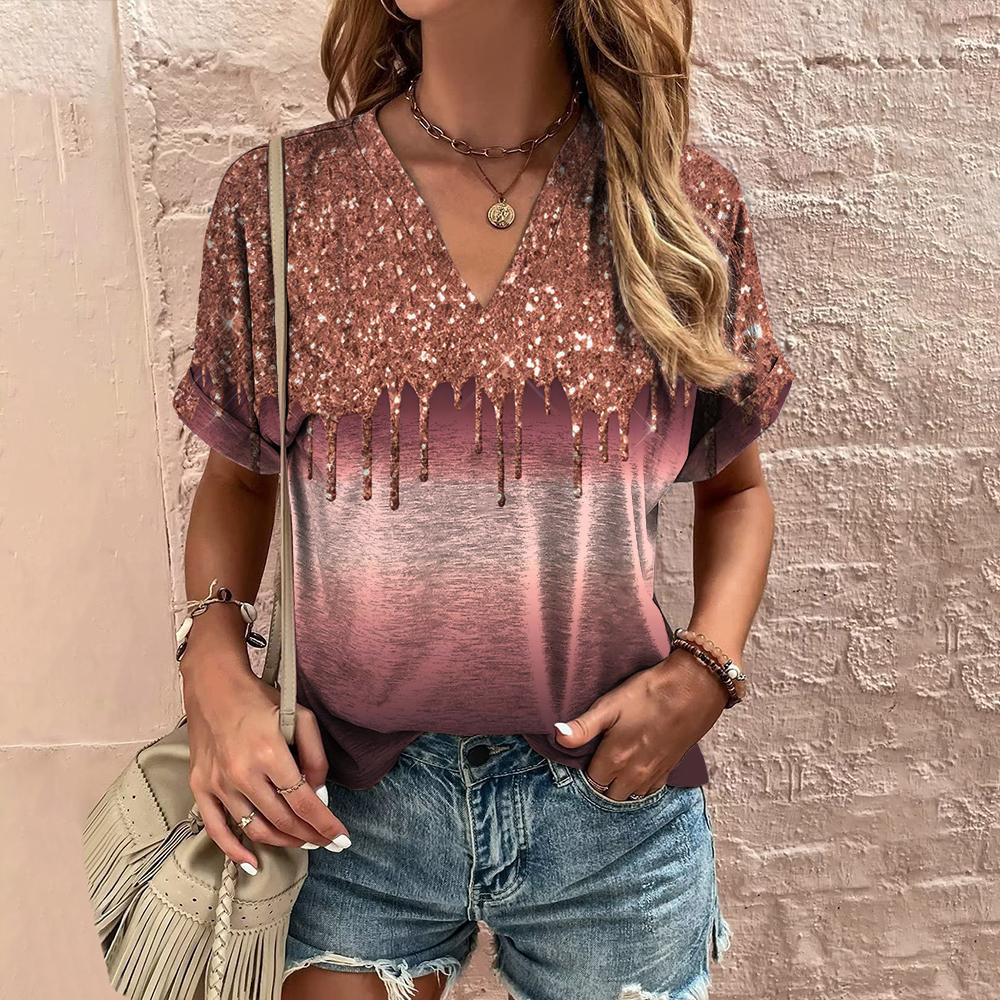 Модная женская футболка с коротким рукавом и V-образным вырезом, летняя блестящая повседневная футболка для женщин, свободный топ оверсайз, пуловер, женская футболка