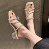 Wear square head one-word drag Internet celebrity popular female bow rhinestone crystal sandals 2025 new high-end Korean version