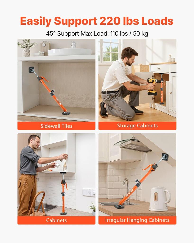 Cabinet Jack Support Pole, 2-Pack, 48-75 cm Steel Telescopic Quick Support Rod, Adjustable 3rd Hand System up to 100 kg Capacity for Installing