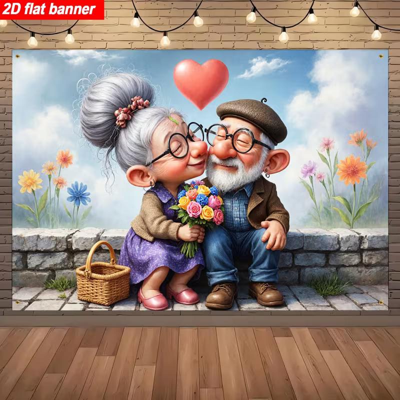2D Flat Elderly Couple Floral Backdrop, Romantic Valentine's Party Background