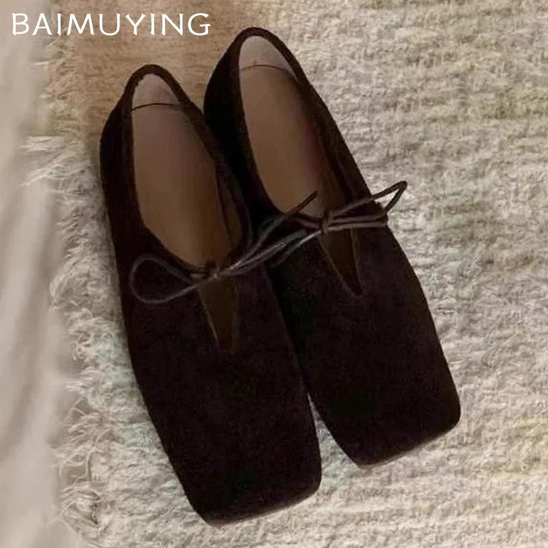Туфли на плоской подошве с квадратным носком, замшевые туфли с бантом, новые зимние дизайнерские повседневные туфли 2024 года, трендовое платье для прогулок, модные женские туфли