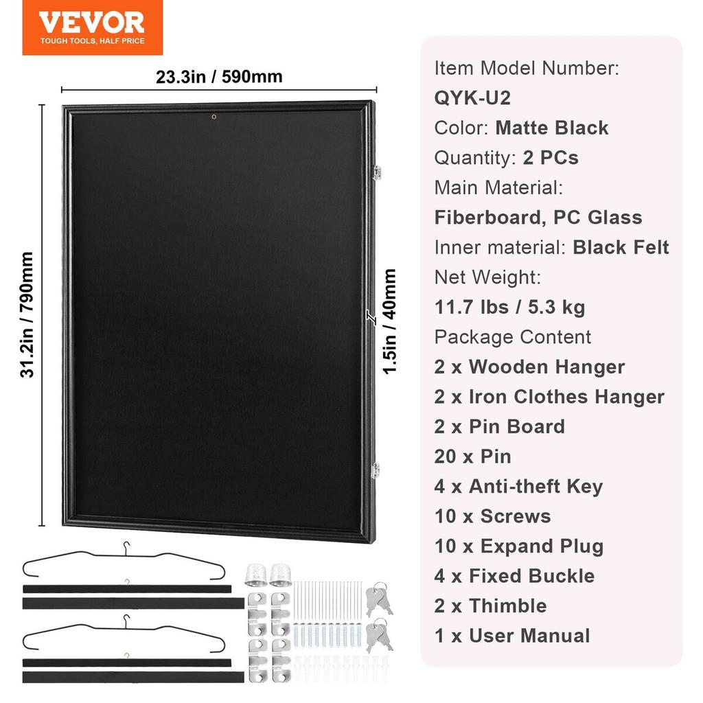 2PCs Jersey Display Frame Case, 23.3x31.2x1.5 in, Large Lockable Sport Jersey Shadow Box with 98% UV Protection PC Glass and Hangers, for Baseball