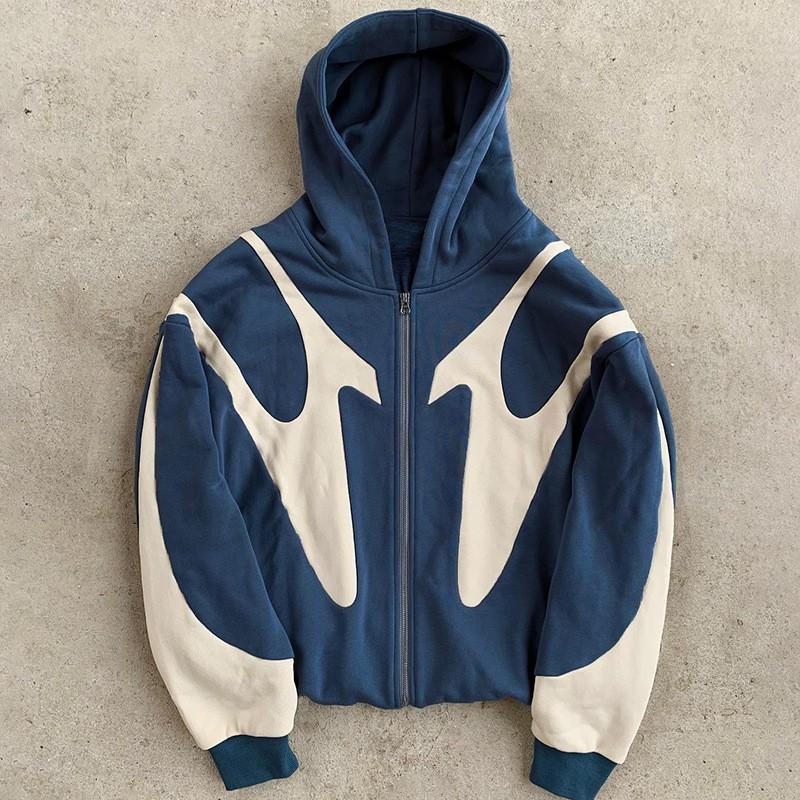 Unisex Long Sleeve Hooded Sweatshirt With Geometric Print Regular Fit Zipper Front Winter Casual Wear