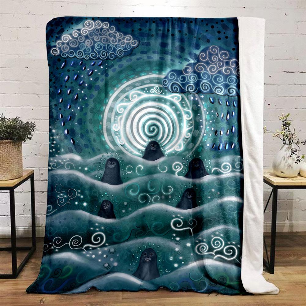 Playful seals in swirling ocean waves under spiral clouds and rain. for all seasons blanket lunch break throw gift