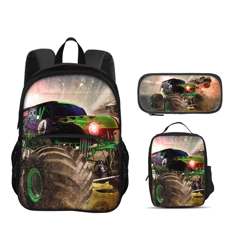 Monster Jam Круглая передняя сумка Рюкзак Пенал Сумка-холодильник Набор из 3 шт. Мультяшный принт Лучший спутник студента на кампусе Подарок на день рождения