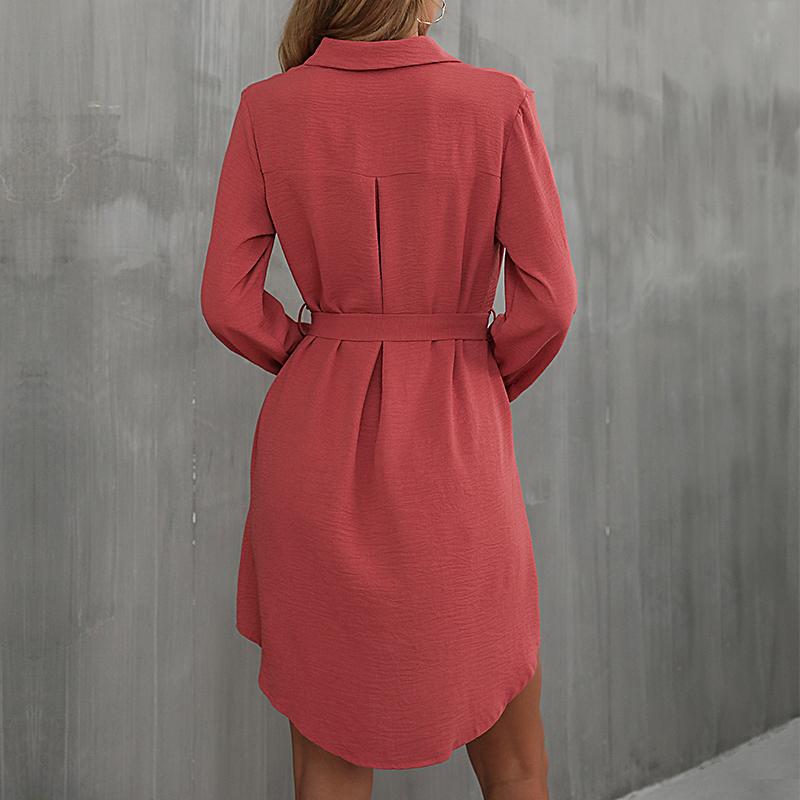 Ранняя осень, однобортное однобортное платье с воротником с лацканами и длинными рукавами на шнуровке, однотонное платье