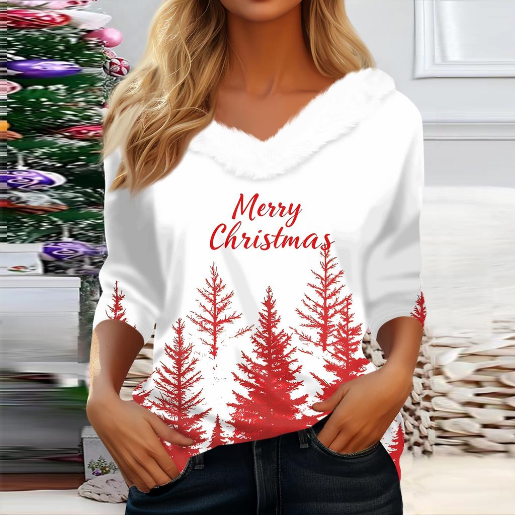 3/4 Sleeve Shirts For Women Christmas Printed Graphic Tees Blouses Casual Plus Size Basic Button Tops Pullover