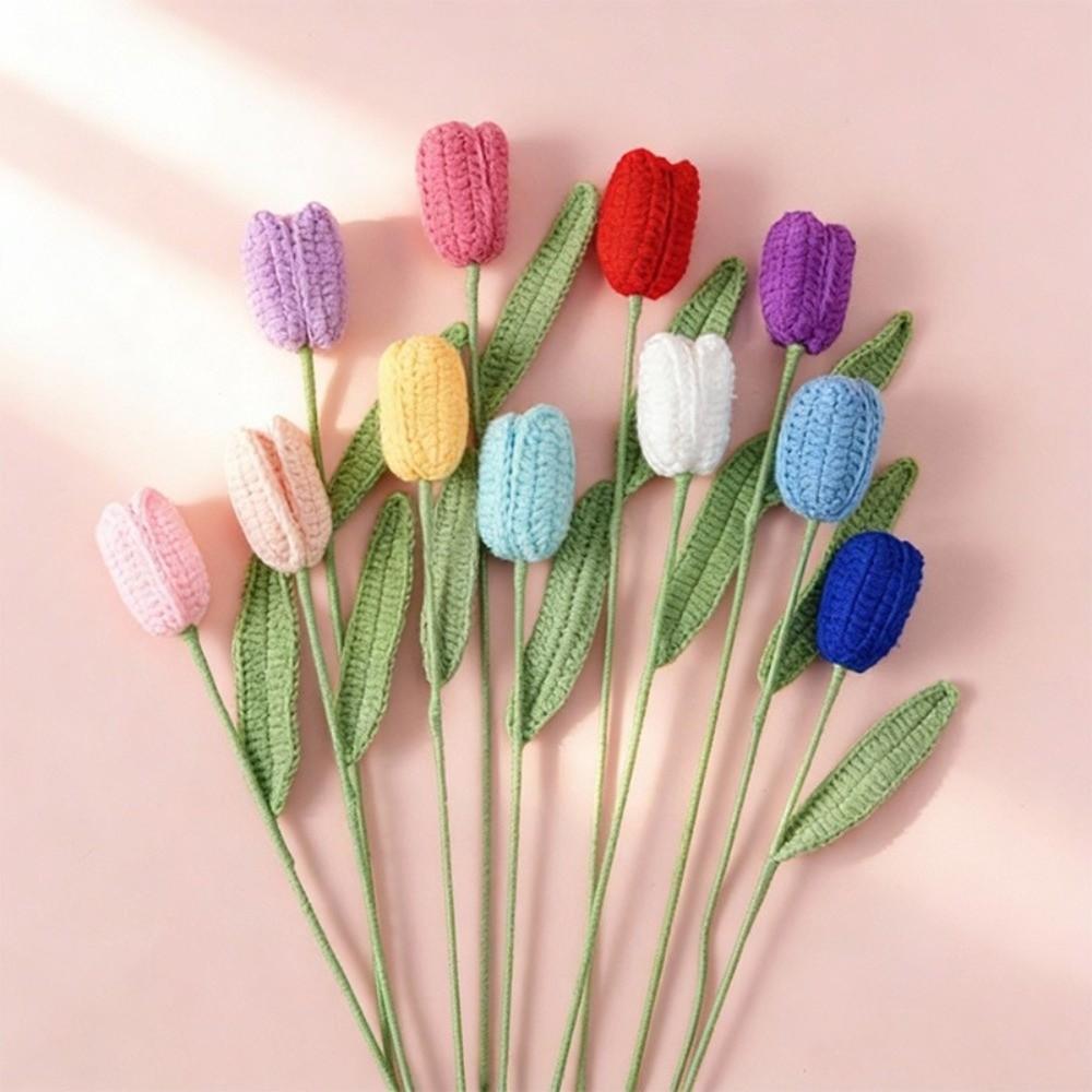 Creative Finished Knitted Tulips Flower Crochet Flowers Fake Flower Plants  Desktop Ornament
