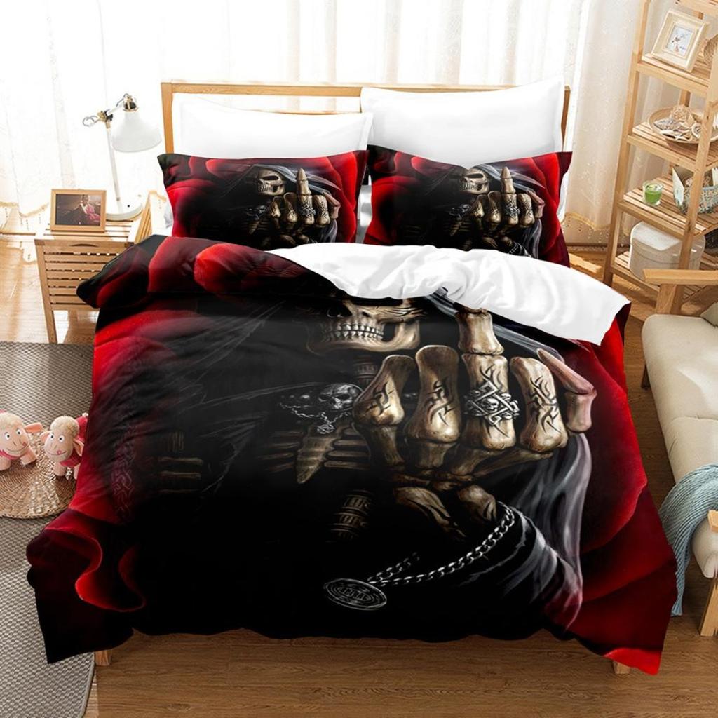 3D Printed Skull Head Bedding Set Halloween Themed Down Duvet Cover Pillowcases, 2/3 Pieces, Boys Room Horror Pattern Quilt Cover