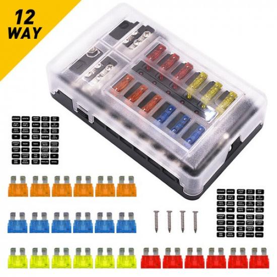 12-Way Blade Fuse Box Block LED Holder Indicator 12V 32V Auto Marine Waterproof