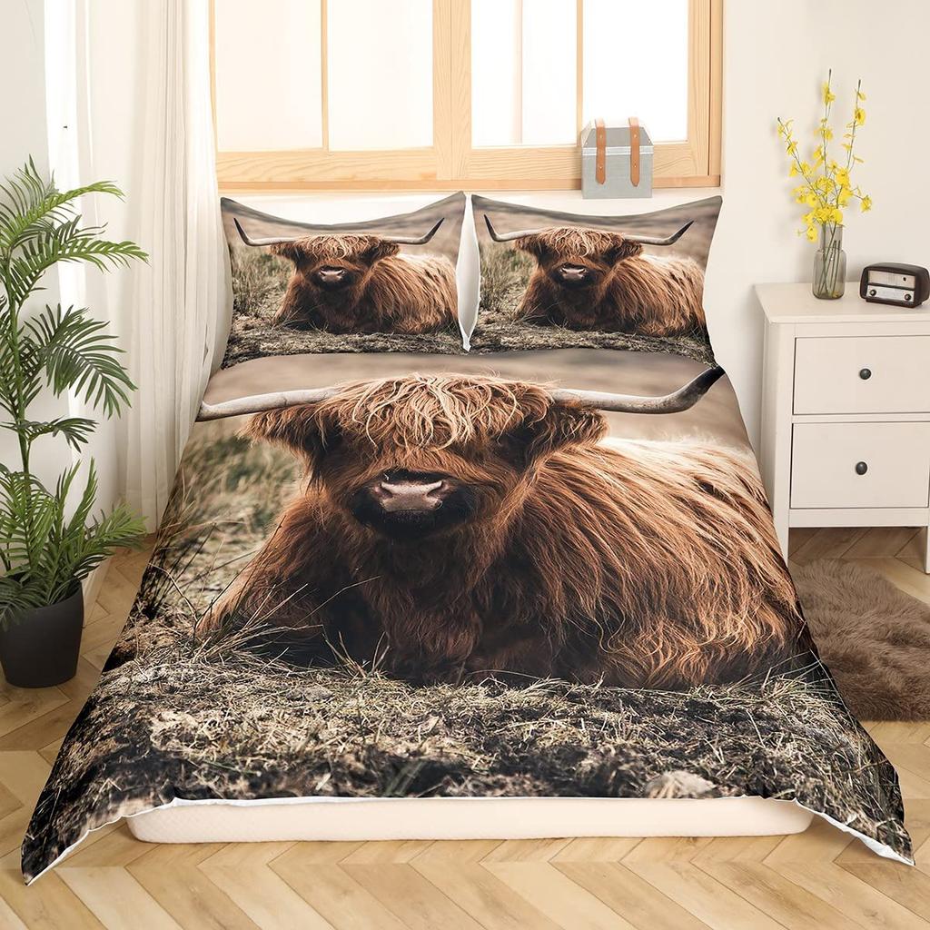 Пододеяльник Король Королева Хайлендская корова Комплект постельного белья Бык для взрослых Крупный рогатый скот 2/3 предмета Покрывало Фермерское животное Полиэстер