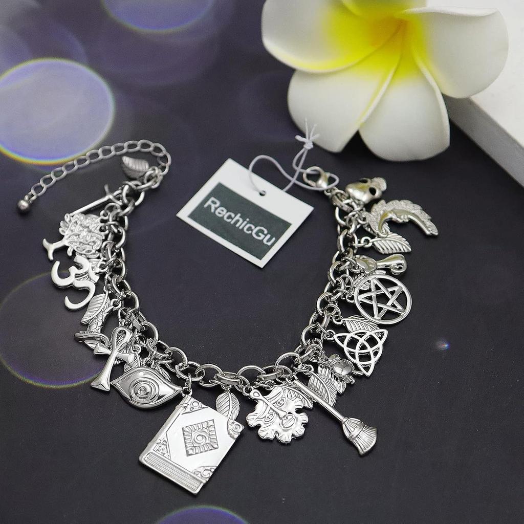 RechicGu Mythology Fairytale Lucky Charms Cuff Bangle Bracelet Cross Leaf Moon Face Celtic Cat