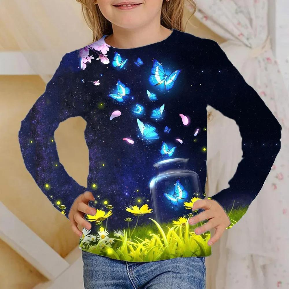 Children's Colorful Butterfly 3D Digital Printed Girl's Casual and Comfortable Round Neck Long Sleeve T-shirt