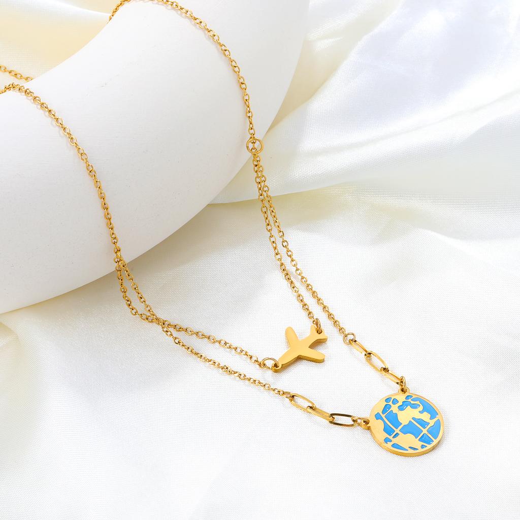 Designer Fly Plane Global Earth Pendant Necklace Women Men Couple Gold Plated Stainless Steel Anniversary Jewelry Romantic Gifts