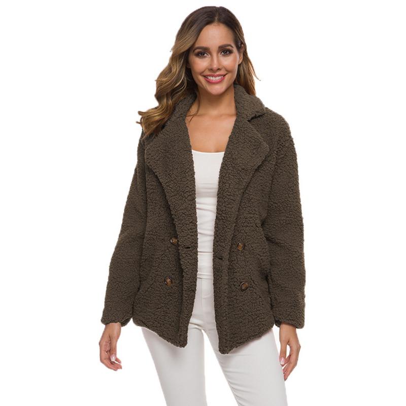 Autumn and Winter Double Breasted Loose Fleece Jacket Women Fashion Long Sleeve Plush Coat Women Vintage Solid Warm Plus Size Jackets for Women 24900