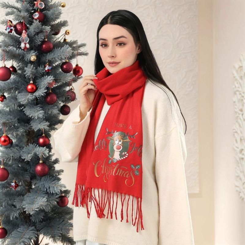 Winter Christmas Red Versatile Elk Print Imitation Cashmere Thickened Warm Fringed Scarf Autumn and Winter Men and Women