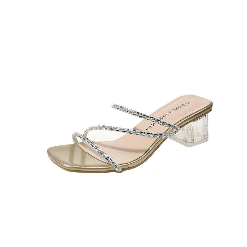 Internet celebrity rhinestone cool slippers women wear 2024 new summer two wear fashion flat thick heel large size women's shoes 41 a 42