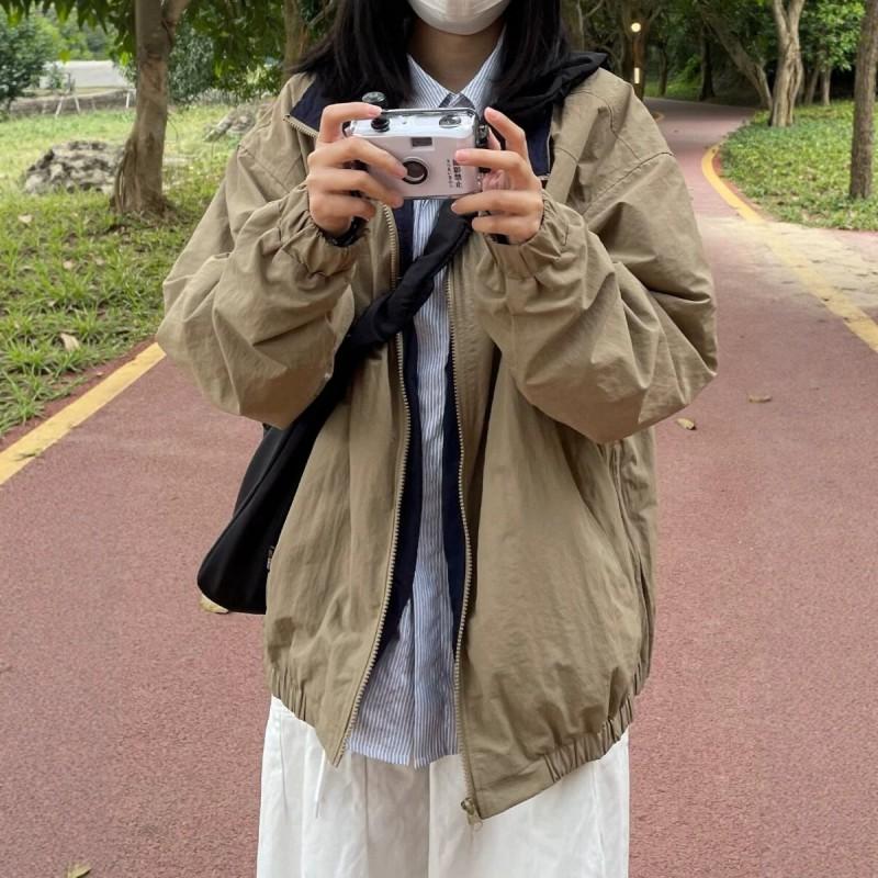Unisex Oversized Streetwear Jacket In Khaki Navy Relaxed Fit Baseball Collar Outerwear Fall