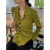 Retro Texture Pleated Mustard Green Shirt Loose Hong Kong Style V-neck Lapel Early Autumn Top New