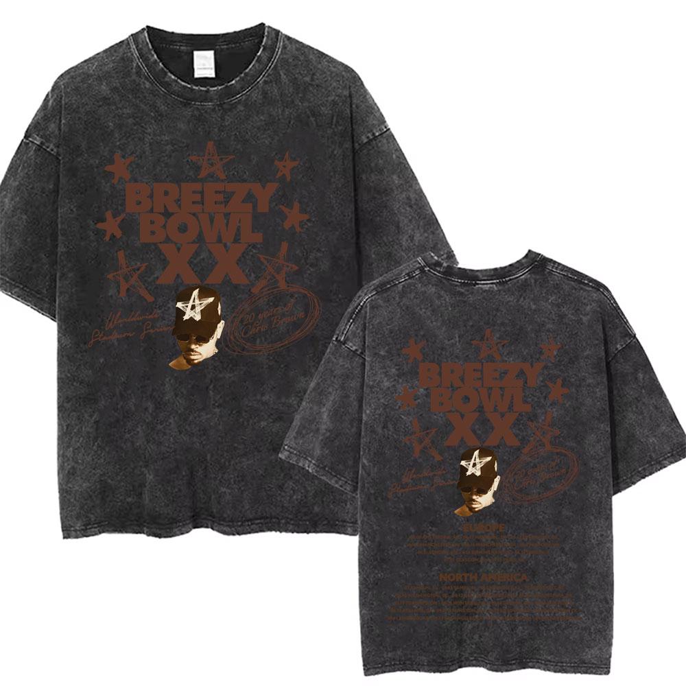 Washed Chris Brown Music Album Cover Print Tshirt Breezy Bowl XX Tour Merch T Shirts Men Women Hip Hop High Quality Tshirt