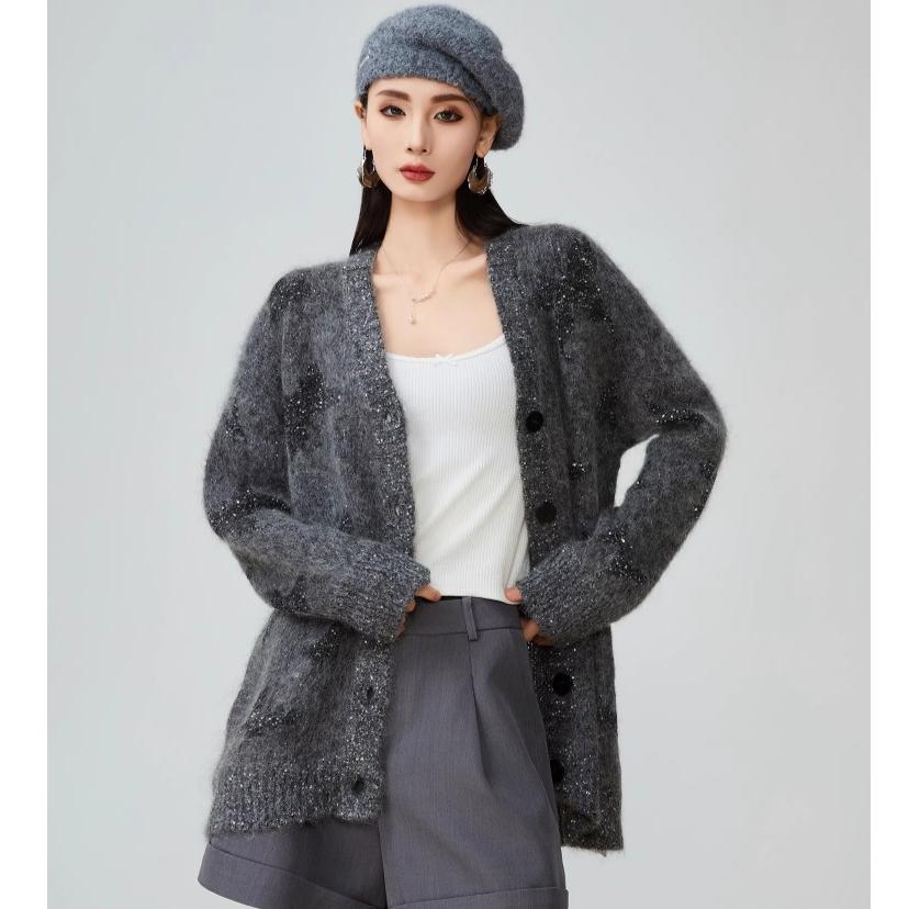 Dimanaf Свитера Кардиган Женский Узор Звезды Принт Пуговицы Свитера Вязание Свободный Свитер Осень 2025