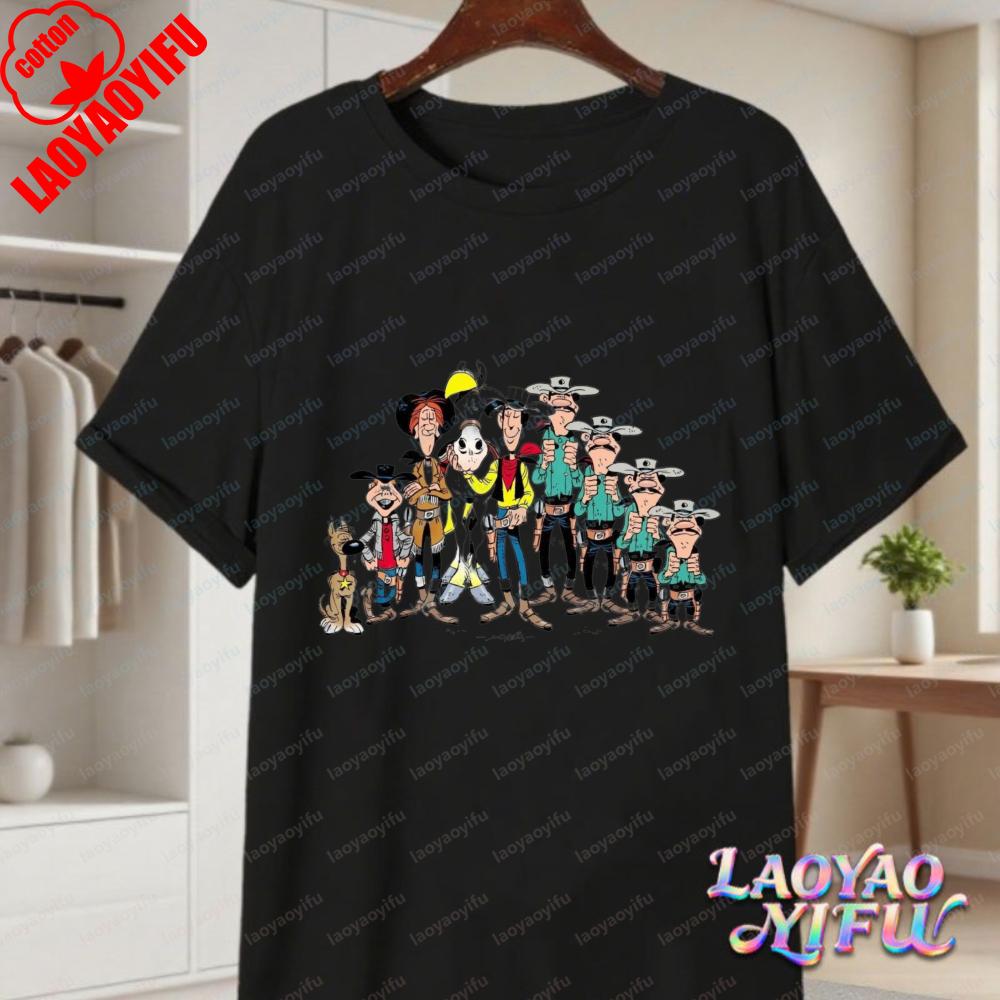 Classic Lucky Luke Cast Print Casual Tops Retro Western Animation Cotton TShirt Summer Casual Wear for Unisex Women Trendy Tee