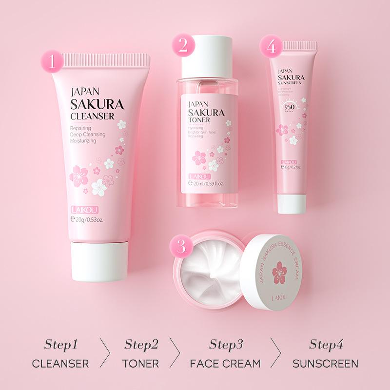 LAIKOU Дорожный набор Japan Sakura Skin Care 4 шт.: очищающее средство, тоник, крем, эссенция
