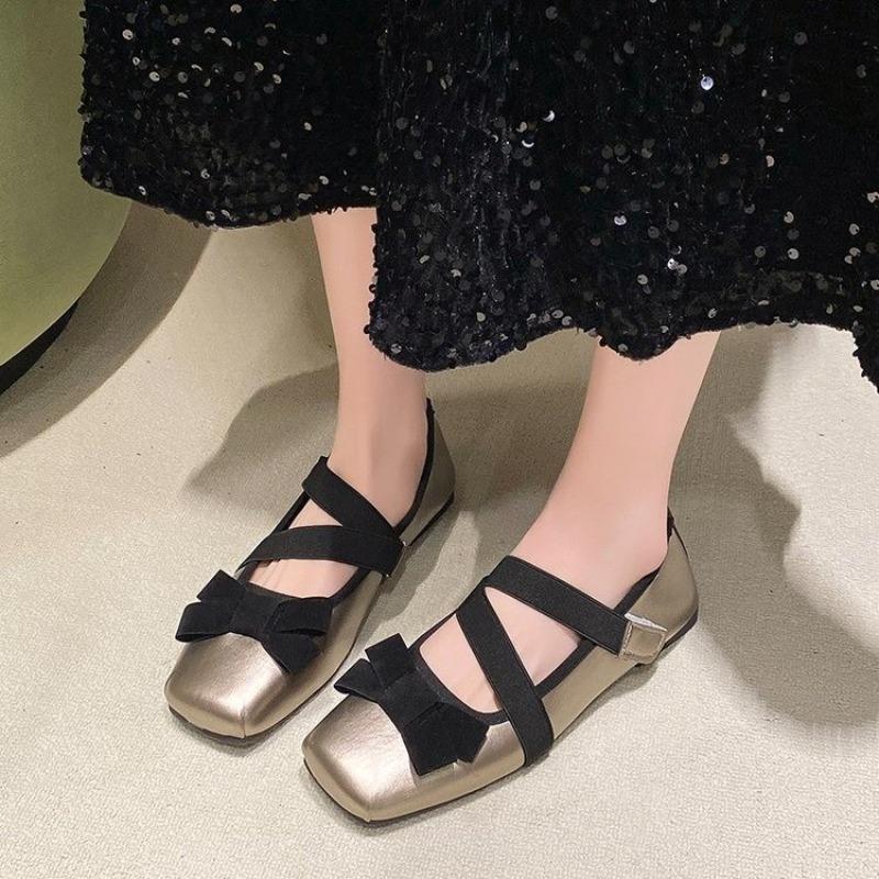Fashion Flat Shoes Spring New Square Head Shallow Mouth Butterfly Knot Cross with Soft Sole Anti-slip Wear-resistant Single Shoes
