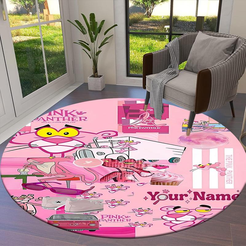 Pink Panther Party Custom Name Round Area Rug Carpet Rug For Living Room Bedroom Sofa Playroom Decor Nonslip Floor Mat