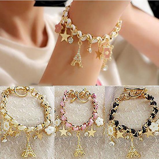 Women Fashion Eiffel Tower Stars Flower Poker Pendants Faux Leather Bracelet Jewelry