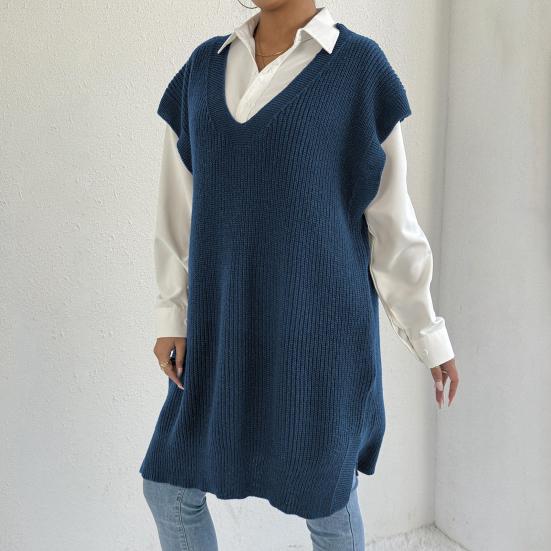 Женский свитер-жилет с V-образным вырезом, без рукавов, однотонный, вязаный, свободного кроя, с боковыми разрезами, повседневный свитер-жилет