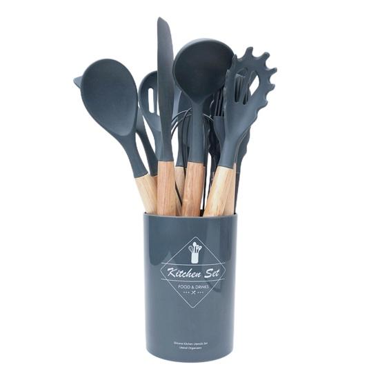 Silicone Kitchenware Set with Wooden Handles Heat Resistant Turner Tongs Spatula Spoon Brush Whisk Nonstick Cooking Tools