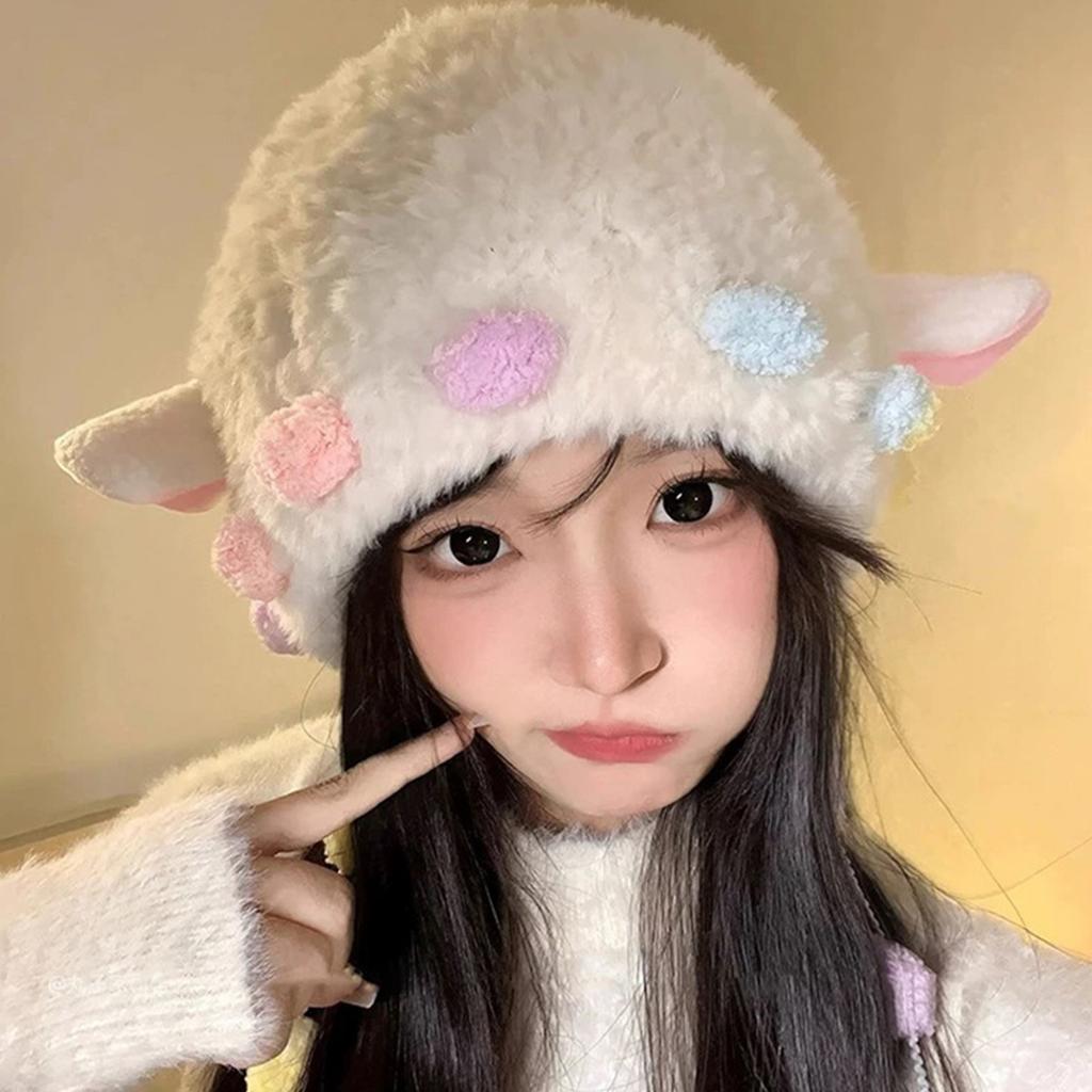 Lovely Plush Sheep Ear Hat with Warm Earflap Winter Activity Hat for Women Girl Pullover Hat Ear Protective Trapper Hat