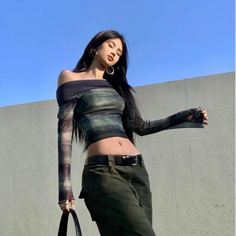 Тонкий уличный топ с открытыми плечами и принтом в стиле ретро, женские летние винтажные футболки Pure Desire с длинными рукавами, женский сетчатый повседневный пуловер для горячих девушек